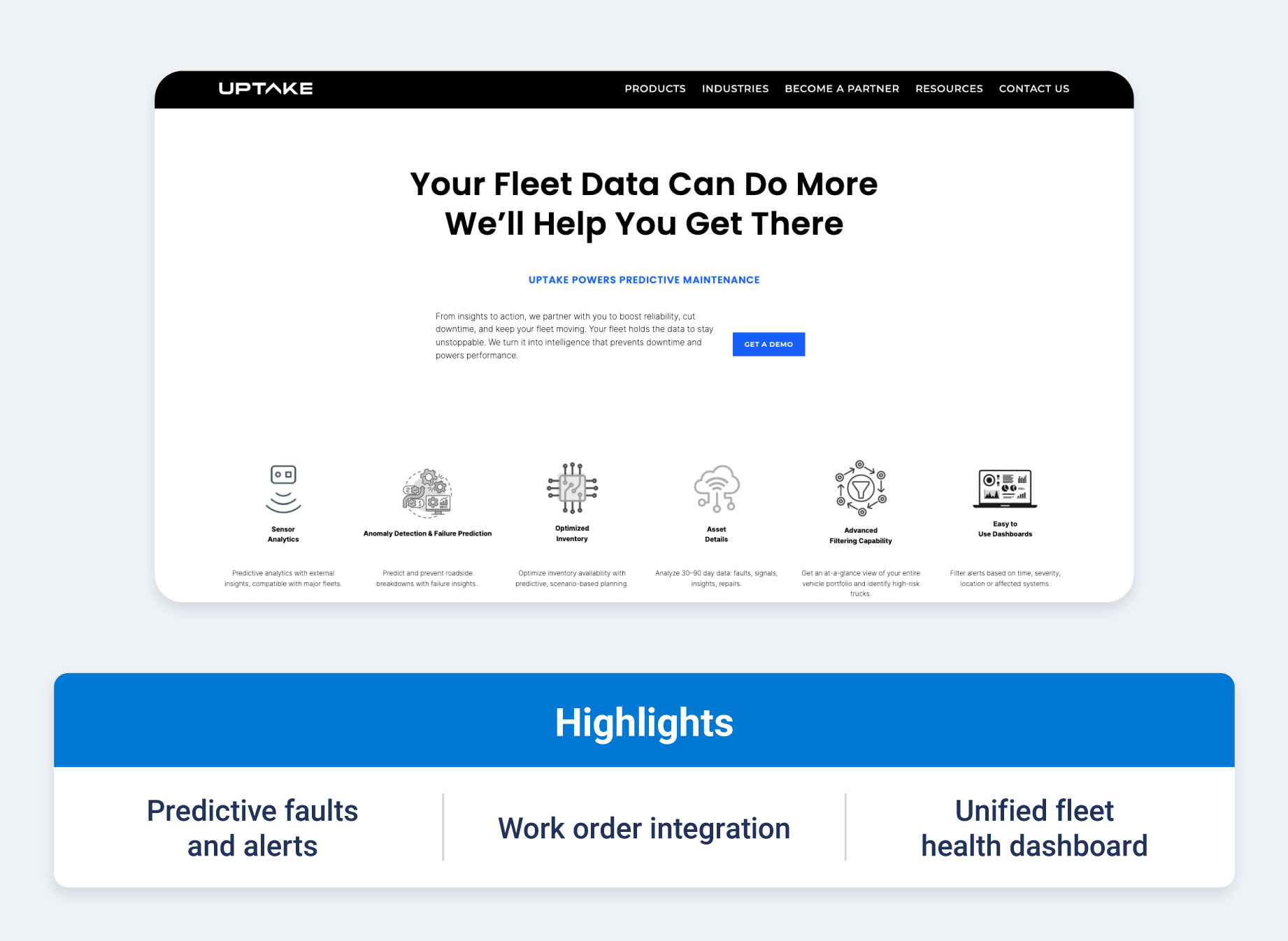 The Uptake Fleet dashboard showing AI-driven predictive fault alerts, asset utilization, and maintenance planning tools.